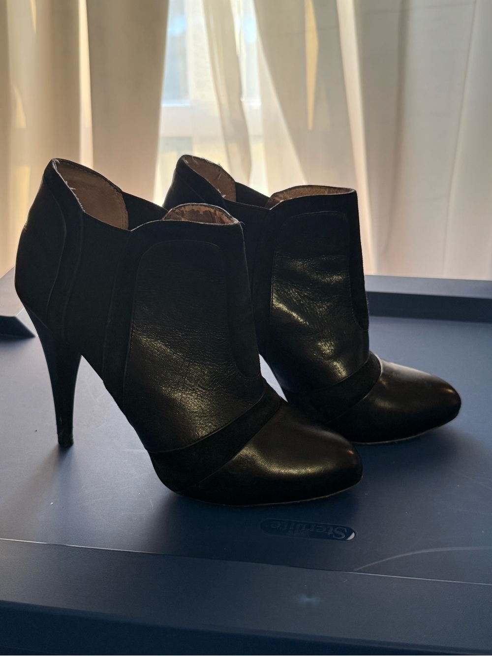 BCBG Black Leather & Suede Ankle Booties with Stiletto Heel